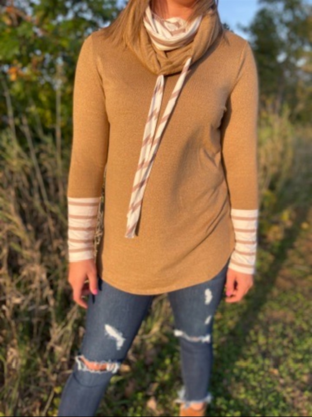 Women's Camel Long-Sleeve Cowl Neck Sweater with Striped Accent